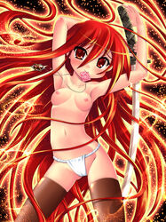 blush condom condom_in_mouth fundoshi hase_yu jewelry long_hair mouth_hold pendant red_eyes red_hair shakugan_no_shana shana solo sword thighhighs topless weapon