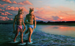 anthro beach bulge canine clothed clothing duo fluke half-dressed male male_only mammal seaside shorts tight_clothing topless vpl water wolf