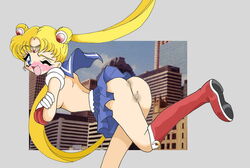 1girls 2008 ass bishoujo_senshi_sailor_moon blonde_hair blue_eyes blush boots breasts censored circlet clothing covering covering_breasts embarrassed female female_only imaden knee_boots miniskirt no_panties sailor_moon skirt small_breasts solo tagme topless usagi_tsukino