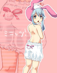 1girls animal_ears animal_hood ass bemani bloomers_(victorian) blue_eyes blue_hair bunny_ears bunny_hood fake_animal_ears female hood hood_up konami minit's pink_background pop'n_music solo topless