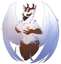 anthro antlers avian beak big_breasts bird eagle feathered_wings feathers featureless_crotch female female female_only holding holding_breast horn looking_at_viewer nude one_eye_closed solo thick_thighs trinanya wide_hips wings wink