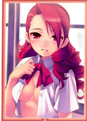 bowtie breasts cleavage cyocyo hair_over_one_eyes highres long_hair megami_tensei mitsuru_kirijo no_bra open_clothes open_shirt persona persona_3 red_eyes red_hair ringlets school_uniform serafuku shirt takara_shinnosuke tasaka_shinnosuke