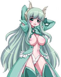 breasts clothing cute falce green_eyes green_hair hair horns large_breasts long_hair macademi_wasshoi magician's_academy medium_breasts nanashi_mushi navel panties shipo_aki stockings thighhighs underwear