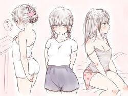 black_hair blush boxers braided_hair cleavage female female_only fully_clothed genderswap_(mtf) gintama hair_down hijikata_tenko hijiri_byakuren long_hair mame_(pixiv) plump rule_63 scale shorts slightly_chubby slightly_chubby_female solo strawberry_print tank_top towel twin_braids wearing_others_clothes weighing_scale weighing_self