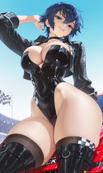ai_generated arm_up bangs black_choker black_leotard black_thighhighs blue_eyes blue_hair boots breasts car choker cleavage commission commissions_open covered_navel cropped_jacket female ground_vehicle highleg highleg_leotard jacket large_breasts leather leather_jacket leotard lips long_sleeves looking_at_viewer motor_vehicle motorcycle naoto_shirogane outdoors parted_lips persona persona_4 race_queen self_upload shiny_clothes short_hair skindentation sky smile solo tgv9173 thick_thighs thigh_boots thighhighs thighs