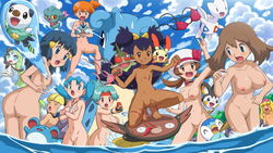 >_< 1boy 9girls ambiguous_gender areolae arm_up armpits ass avian axew barefoot belly big_breasts big_ears bikini black_eyes blonde_hair blue_background blue_eyes blue_fur blue_hair blush breasts brown_eyes brown_hair closed_eyes clouds covering_breasts crossdressing dark-skinned_female dark_skin dawn_(pokemon) day dragon edit elesa_(pokemon) emolga fairy feet female feral fish flat_chest flying furry ghost green_skin gyarados hairband harem human interspecies iris_(pokemon) kasumi_(pokemon) kneeling kris_(pokemon) lapras larger_female long_ears looking_back lyra_(pokemon) male marill may_(pokemon) meloetta misdreavus multiple_girls naked navel nintendo nipples nude nudist ocean on_top open_mouth orange_hair oshawott otter outdoors piplup plusle pokemoa pokemon pokemon_(species) pokemon_bw pokemon_dppt pokemon_gsc pokemon_ranger pokemon_rgby pokephilia ponytail pose purple_hair pussy red_eyes red_fur rodent satoshi_(pokemon) scalie short_hair size_difference sky small_breasts smaller_female solana_(pokemon) standing stunfisk thin_waist toes togetic water wet white_fur wide_hips yellow_fur yellow_sclera