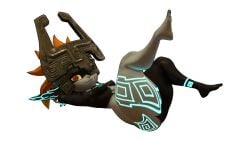 1girls armpits arms_behind_head arms_up ass black_and_white_background breasts completely_nude fangs feet_up female female_only floating helmet imp legs_together legs_up long_hair looking_at_viewer midna nintendo nude nude_female one_eye_obstructed orange_hair ponytail red_eyes small_breasts smile suggestive temmieboi the_legend_of_zelda twilight_princess yellow_sclera