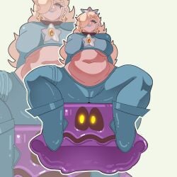 1girls big_belly big_thighs blonde_female blonde_hair bodysuit chubby chubby_female crown curvy elidan_art fat hair_covering_eye lipstick mature_female nintendo plump princess_rosalina sitting sitting_on_another smile spooky star_earrings sticker stomach_cutout