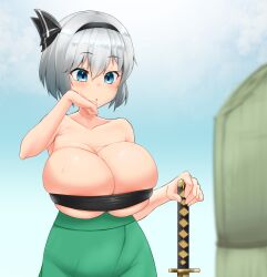 1girls blue_eyes breasts bursting_breasts cleavage eyebrows_visible_through_hair female female_only hairband huge_breasts light-skinned_female light_skin sarashi short_hair solo sweat sweaty_body touhou white_hair youmu_konpaku zabutonnexactly
