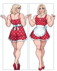 1boy ai_generated ai_hands apron back_view blonde_hair blue_eyes clothed clothing crossdressing femboy from_behind front_view high_heels hips jimojo legs lips male multiple_views muscular muscular_arms muscular_male pearl_earrings pearl_necklace pecs pectorals polka_dot_dress rear_view red_heels red_lips red_lipstick red_shoes short_dress solo spotted_markings square_neckline stable_diffusion stiletto_heels thighs waist_apron waist_bow white_apron
