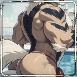 ai_generated anthro arcanine ass back_muscles bara big_ass big_balls big_bulge big_butt big_penis bulge canid canine furry furry_male furry_only male male_only muscles muscular muscular_male pecs pmv pokemon solo sunglasses swimsuit video