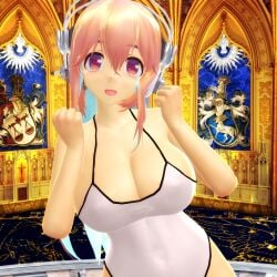 2025 3d arms_up big_breasts breasts clavicle cleavage female hands_clenched hati_yukkuri_mmd headset interior_background japanese_female light-skinned_female looking_at_viewer mikumikudance mmd open_mouth pink-eyed_female pink-haired_female solo_female super_sonico swimsuit waist white_swimsuit