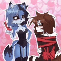 artist_name:dasunek big_breasts binding black_eyes blue_eyes blue_fur blue_hair blush bodysuit bondage bow boy breasts brown_fur brown_hair brown_tail claws costume digital_drawing_(artwork) dog_boy dog_ears female flirting furry furry_female furry_male gift heart legs long_tail male oc package paws red_ribbon ribbon roleplay short_tail stockings straight suspenders tail white_fur