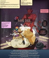 absurd_res anthro bad_end ball_and_chain blue_lipstick blush bodily_fluids body body_hair body_writing boots breeder butt_slap class_change clothing collar crown cum cum_dripping_from_mouth cum_from_mouth cum_in_ass cum_in_mouth cum_inside cum_on_back cursed_clothing debuffs demon dungeon duo ear_piercing ear_ring eyeshadow eyewear eyewear_on_head fingerless_gloves footwear game_over game_over_screen game_ui gameplay_mechanics genital_fluids gloves goggles goggles_on_head handwear harem_outfit headgear hi-rez_studios hi_res horn humanoid imp kiss_mark leash leashed_collar level_up lipstick makeup male male/male mascara monana-yo1 negative_status_effect occult_symbol ownership ownership_tattoo paladins_(game) pentagram pentagram_tattoo piercing pip_(paladins) pregnant pregnant_male ring_piercing running_makeup running_mascara shoes shortstack shortstack_male slap smile smirk spanking speech_bubble symbol tattoo teasing vulpin weights