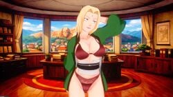 adult anime anime_style blonde_hair bra cinematic_lighting cleavage confident curvy daylight detailed digital_art fanart female green_jacket hand_behind_head high_quality highres hokage_office interior konoha large_breasts lingerie lingerie_under_clothes looking_at_viewer naruto naruto_(series) naruto_shippuden office open_clothes panties revealing_clothes seductive sexy soft_lighting solo thick tsunade underwear warm_colors window_view
