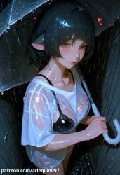 ai_generated animal_ears bangs black_bra black_hair blue_eyes blunt_bangs blush bra breasts cleavage closed_mouth female heart holding holding_umbrella jane_doe_(zenless_zone_zero) lips looking_at_viewer medium_breasts night outdoors rain see-through shirt short_hair short_sleeves smile solo transparent umbrella underwear upper_body watermark wet wet_clothes wet_shirt white_shirt zenless_zone_zero