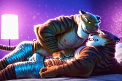 2boys abstract_background ai_generated anthro bed bulge duo green_eyes hand_on_chest male male/male male_only mood_lighting on_bed predatory_look smiling striped_fur teeth tiger tiger_dancer_(zootopia) toned_male two-tone_fur zootopia zootopia_2