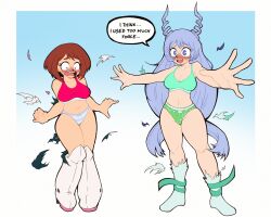 embarrassed_underwear_female euf my_hero_academia nejire_hado nejire_hado_(hero_outfit) ochako_uraraka ochako_uraraka_(hero_outfit) print_panties rnp rnpdraws star_panties striped_panties torn_clothes