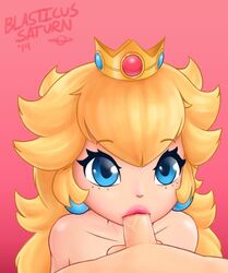 1boy 1girls blasticussaturn blonde_hair blue_eyes crown fellatio female long_hair looking_at_another male mario_(series) nintendo nude oral penis pink_background princess princess_peach simple_background testicles video_games