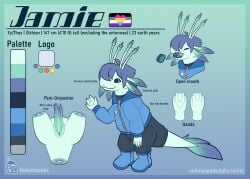 2026 4_fingers ahoge alien amphibian animal_genitalia antennae_(anatomy) anthro asexual_pride_colors barbed_tongue biped black_bottomwear black_clothing black_pants black_sclera black_shirt black_topwear blue_boots blue_clothing blue_footwear blue_hair blue_jacket blue_ovipositor blue_penis blue_tongue blue_topwear boots bottomwear character_name cloaca cloacal_penis closed_eyes clothed clothing color_swatch english_text external_gills fin fingers footwear genitals gills gradient_background green_body green_flesh green_insides green_ovipositor green_penis green_skin green_tongue hair herm hi_res intersex jacket jamie_(nekoisopods) lgbt_pride light_body light_skin logo membrane_(anatomy) model_sheet multi_antennae multicolored_penis multicolored_tongue open_mouth ovipositor ovipositor_penis pansexual_pride_colors pants penis plantigrade pride_colors pussypillbugs sharp_teeth shirt shoes short_hair simple_background solo tail tail_fin teal_eyes teeth text thick_tail tongue topwear two_tone_penis two_tone_tongue unusual_anatomy unusual_genitalia unusual_penis watermark webbed_hands xikhian zipper