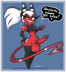 1futa arm_gloves balls blightstar bottomless breasts clothed clothing cock cock_ring crop_top demon demon_horns demon_tail desire_to_breed dialogue english_text erection fingerless_gloves futa_only futanari helluva_boss huge_balls huge_cock humanoid humanoid_penis imp large_balls original original_character partially_clothed penis presenting red_body sharp_teeth sindy_(nelljoestar) solo speech_bubble split_tongue standing tagme thighhighs tongue_out trans_woman vivienne_medrano white_hair