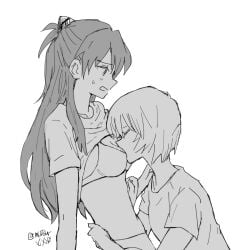 2girls arm_around_partner artist_name artist_signature asuka_langley_sohryu blush bra breasts brown_hair cleavage closed_eyes embarrassed face_between_breasts fully_clothed grey_hair greyscale hair_ornament hairclip hand_on_another's_stomach long_hair looking_at_partner monochrome mutsu_xxxx neon_genesis_evangelion panties partially_clothed rei_ayanami shirt_lift sitting slight_blush sweatdrop twintails very_long_hair watermark white_background yuri