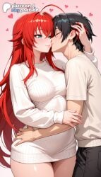 1boy 1girls 2026 ahoge ai_assisted ai_generated anime artist_name black_hair blush closed_eyes explicit hi_res high_quality high_resolution high_school_dxd highres hug long_hair patreon patreon_username pink_background red_hair rias_gremory ribbed_sweater skypassion stable_diffusion sweater valentine's_day watermark white_sweater