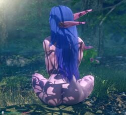 3d_render ashenvale back back_view blizzard_entertainment blue_eyes blue_hair bluegirl91 dappled_sunlight female forest from_back glowing_eyes kalimdor night_elf nude original_character purple_skin salali_(bluegirl91) sitting warcraft world_of_warcraft