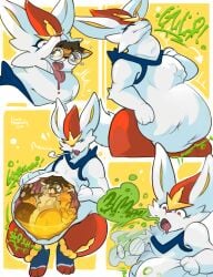 absurd_res anthro bodily_fluids burping_up_object cinderace comic digestion_implied domestic_cat duo fatal_vore felid feline felis female female_pred flogger_(planatation) generation_8_pokemon heavenly_sun hi_res imprint internal lagomorph leporid male male/female male_prey mammal neck_bulge nintendo oral_vore pokemon pokemon_(species) rabbit rumbling_stomach saliva sequence simple_background swallowing tongue tongue_out unwilling_prey vore