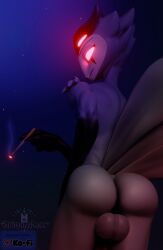 3d_(artwork) absurd_res anthro ass avian balls big_balls big_butt bird blender_(artwork) blender_cycles_(artwork) cigarette cigarette_smoke digital_media_(artwork) dim_lighting feathers genitals glowing glowing_eyes goetia hand_on_hip hellaverse helluva_boss hi_res looking_at_viewer looking_back male night nude owl raised_tail red_eyes schnozzracclewd smoke smoking smoking_cigarette solo star stolas_(helluva_boss) tail tail_feathers watermark