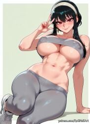 2025 ai_generated anime arm_support bandeau bangs bare_shoulders black_hair blush breasts cleavage collarbone covered_nipples crossover earrings eye_contact female female_focus flushed green_background grey_pants hair_accessory hairband highres huge_breasts jewelry large_breasts looking_at_viewer midriff nail_polish navel nsfw pants patreon patreon_username red_eyes red_nails rognezart shoes sidelocks simple_background sitting smile smiling sneakers solo spy_x_family stomach strapless thick_thighs thighs underboob v w yoga_pants yor_briar yor_forger