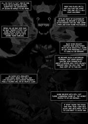 absurd_res ambiguous_gender ambiguous_species anthro blood bodily_fluids bone comic corpse creepy decapitation dialogue gore headless hi_res monochrome obscured_face open_mouth praying praying_hands scary skeleton smile solo speech_bubble tears text viola_bat