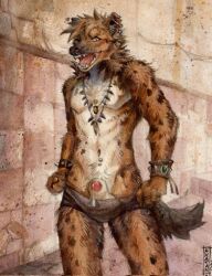2026 akatan_art animal_genitalia anthro bodily_fluids brown_body brown_fur brown_hair clothed clothing dated dripping ear_piercing ear_ring fangs front_view fur genital_fluids genitals hair hi_res hyena industrial_piercing jewelry looking_at_viewer male male_anthro mammal markings navel navel_piercing necklace one_eye_closed open_mouth penis penis_tip piercing precum precum_drip red_penis red_tongue ring_piercing sharp_teeth sheath short_hair slim_anthro slim_male solo spots spotted_arms spotted_body spotted_fur spotted_legs standing teeth tongue topless traditional_media_(artwork) white_body white_fur white_sheath