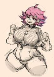 bandaid big_breasts boobjob boobs_out breasts choker chubby chubby_female disembodied_penis fishnet fishnet_clothing hoodie male/female menouto oc original_character paizuri pierced_ears pierced_nipples piercing pink_hair red_eyes revealing_breasts shorts simple_background thick_thighs