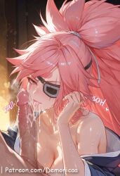 1boy 1girls ai_generated baiken big_ass big_breasts blush boobjob breasts collarbone cum cum_in_mouth demonicaa eyepatch female female_focus female_on_cloth female_pubic_hair guilty_gear high_ponytail highres large_breasts lips long_hair looking_at_viewer nipples nude open_mouth penis pink_eyes pink_hair pink_pubic_hair pubic_hair pussy smile solo tattoo uncensored very_long_hair