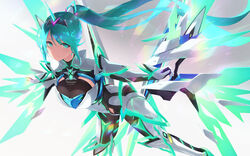 1girls armor armored_bodysuit bangs blush bodysuit breasts cait detached_wings earrings energy_wings female floating_hair gem gloves hair_ornament headpiece highres jewelry large_breasts leaning_forward light_particles long_hair looking_at_viewer neon_trim nintendo pneuma_(xenoblade) ponytail sidelocks smile solo swept_bangs tiara very_long_hair wings xenoblade_(series) xenoblade_chronicles_2