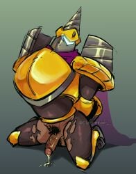 armor arms_behind_back cum drill_knight kneeling knight male male_only pathetic_male penis shovel_knight