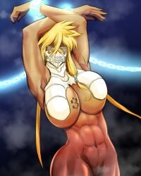 1girls abs armpits arms_behind_head arms_up big_breasts bleach blonde_hair blue_eyes breasts chained dark-skinned_female dark_skin female handcuffs hourglass_figure looking_at_viewer mask muscular muscular_female naked navel nude partially_clothed restrained soyuzu spiky_hair tattoo thick_thighs tia_harribel toned_female voluptuous