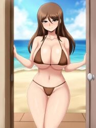 1girls ai_art ai_assisted ai_generated ass beach big_ass big_breasts bikini bravebengal breasts brown_bikini brown_hair danganronpa danganronpa:_trigger_happy_havoc danganronpa_(series) danganronpa_1 female female_focus female_only green_eyes grok grok_edit grok_imagine long_hair looking_at_viewer makoto_and_komaru's_mother milf milfs mrs._naegi smile