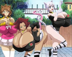 3girls arms_at_sides ass ass_press ass_to_ass bell_collar bent_over bleach blue_eyes brown_hair brown_skin cat_ears cleavage crossover eyelashes facepaint fairy_tail green_eyes greengiant2012 haineko huge_breasts kneesocks lisanna_strauss millianna multiple_girls open_mouth pose posing red_hair rose school_uniform short_hair skirt striped_legwear tight_clothing tight_fit tight_shirt white_hair