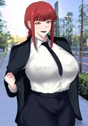 background big_breasts bra_visible_through_clothes breasts_focus chainsaw_man clothed clothing creammitsu hourglass_figure huge_breasts large_breasts long_hair makima_(chainsaw_man) red_eyes red_hair tied_hair