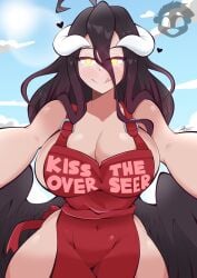 1girls 2025 :q ahoge albedo_(overlord) apron apron_only big_breasts black_hair blush cleavage english_text feathered_wings female female_only glowing_eyes heart heart-shaped_pupils hi_res horns large_breasts long_hair looking_at_viewer ottendo overlord_(maruyama) pov sideboob smiling smiling_at_viewer solo succubus succubus_horns text text_on_apron text_on_clothing thick_thighs voluptuous wide_hips wings yellow_eyes
