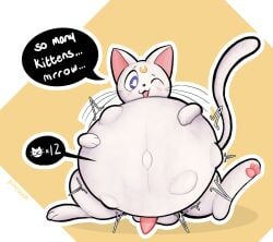 animal_noises artemis_(sailor_moon) artist_name balls belly big_belly blue_eyes blush dialogue digital_media_(artwork) domestic_cat erection felid feline felis feral forehead_mark genitals gradient_background hi_res holding_belly huge_belly hyper hyper_pregnancy looking_pleasured male mammal meow navel one_eye_closed open_mouth open_smile pawpads paws penis pincoosh pink_penis pregnant pregnant_male quadruped sailor_moon_(series) simple_background smile solo speech_bubble stomach_bulge tail text whiskers