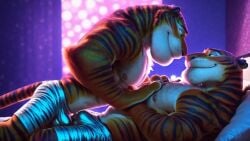 2boys abstract_background ai_generated animated anthro bed bulge disney duo green_eyes groping hand_on_chest kissing looking_at_another male male/male male_only mood_lighting nipples on_bed soundless striped_fur tagme tiger tiger_dancer_(zootopia) toned_male two-tone_fur video zoom_in zootopia zootopia_2