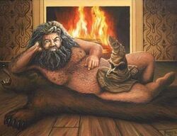 artist_request black_hair erect_nipples facial_hair fat fat_man fire fireplace hagrid hair hairy_body hand_on_cheek harry_potter human indoors long_hair looking_at_viewer lying lying_on_side male male_only neard nude on_side overweight overweight_male pinup pose rug slightly_chubby solo sorting_hat