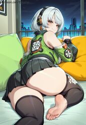 ai_generated anby_demara ass bangs bare_shoulders black_skirt black_thighhighs breasts feet female from_behind green_jacket headphones hoyoverse iduniar jacket looking_at_viewer looking_back lying mihoyo night pillow pleated_skirt short_hair skirt smile soles solo thighhighs thighs toes white_hair zenless_zone_zero