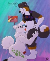 absurd_res animal_genitalia anthro australian_shepherd ball bodily_fluids canid canine canis dialogue domestic_dog drinking drinking_urine duo eyewear fellatio fetishbruary genital_fluids genitals glasses herding_dog hi_res internal kneeling male male/male mammal nordic_sled_dog oral overweight pastoral_dog peeing penile penis samoyed service_dog_harness service_top sex sheath sheepdog slightly_chubby spitz thatblackfox urine urine_in_mouth watersports