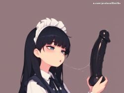 1girl ai_generated bangs black_hair blue_eyes blunt_bangs blush brown_background cafe cafeteria cute cute_face dildo dildo_in_mouth embarrassed female gag gagged holding long_hair maid maid_headdress neck_ribbon open_mouth protocolxmilks saliva saliva_trail sex_toy simple_background sister sloppy sloppy_blowjob solo sweat tongue tongue_out upper_body waifu