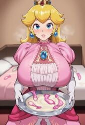 1girls ai_generated bed blonde_hair blue_eyes blurry blurry_background blush breasts condom crown cuckold cuckold_meal cum dress earrings elbow_gloves female female_only gloves holding holding_tray huge_breasts human human_only indoors jewelry large_breasts light-skinned_female light_skin lips long_hair looking_at_viewer mammal mario_(series) mature mature_female multiple_condoms netorare nintendo pink_dress pink_lips princess princess_peach puffy_short_sleeves puffy_sleeves royalty short_sleeves smile solo solo_female sphere_earrings stray_pubic_hair tray used_condom white_gloves zeulzin