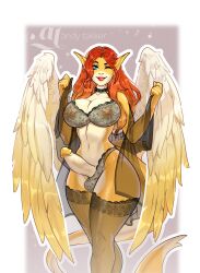 andytakker anthro big_breasts big_penis blue_eyes bra breasts choker clothing collar feathered_wings feathers fish garter_straps genitals glistening glistening_body glistening_skin gynomorph hair hi_res intersex jewelry lace lace_bra lace_panties lace_stockings legwear lingerie lips long_hair looking_at_viewer makeup marine multicolored_body necklace nipples panties penis red_hair shark smile solo standing tail thigh_highs underwear white_wings wings yellow_body yellow_penis